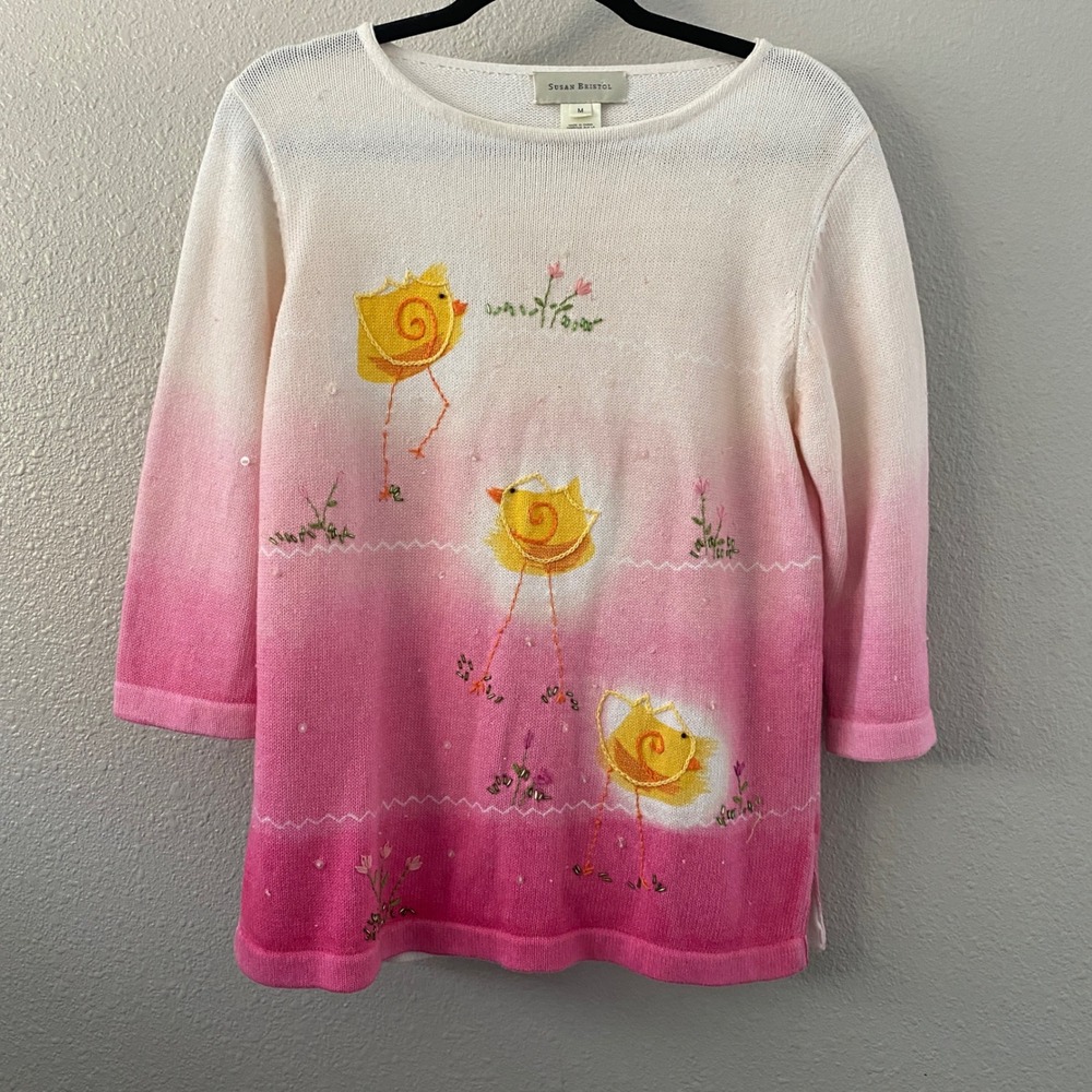 Vintage Y2K Sweater Medium Knitted Novelty Chick Wearable Art Artsy Embroidered